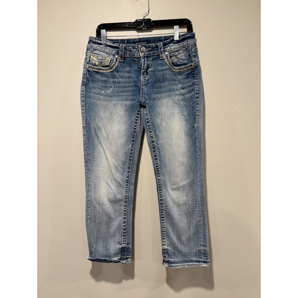 Vigoss The Dublin Capri Blue Medium Wash Distressed Cropped Jeans Size 7/8 23L